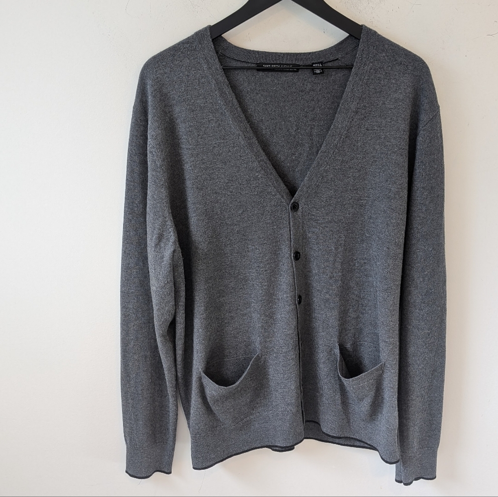 Saks Fifth Avenue Men's Extra Fine Merino Wool Grey Cardigan Black Trim XL